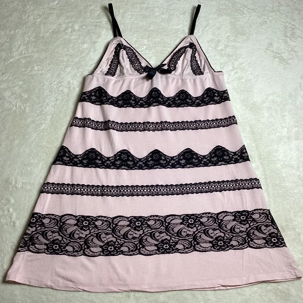 Victoria's Secret Sexy Little Things Pink Black Lace Tiered Babydoll Chemise SM